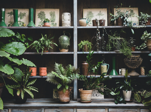 Image shows various indoor plants on shelves